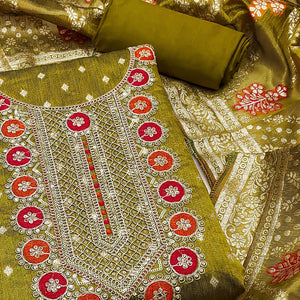 Olive Woven With Sequins Embroidered Simmer Cotton Silk Dress Material
