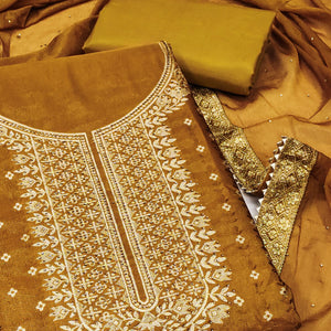 Mustard Floral Woven With Stonework Jacquard Dress Material