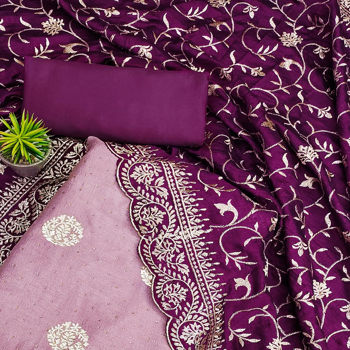 Mauve Floral Embroidered Chinon Dress Material