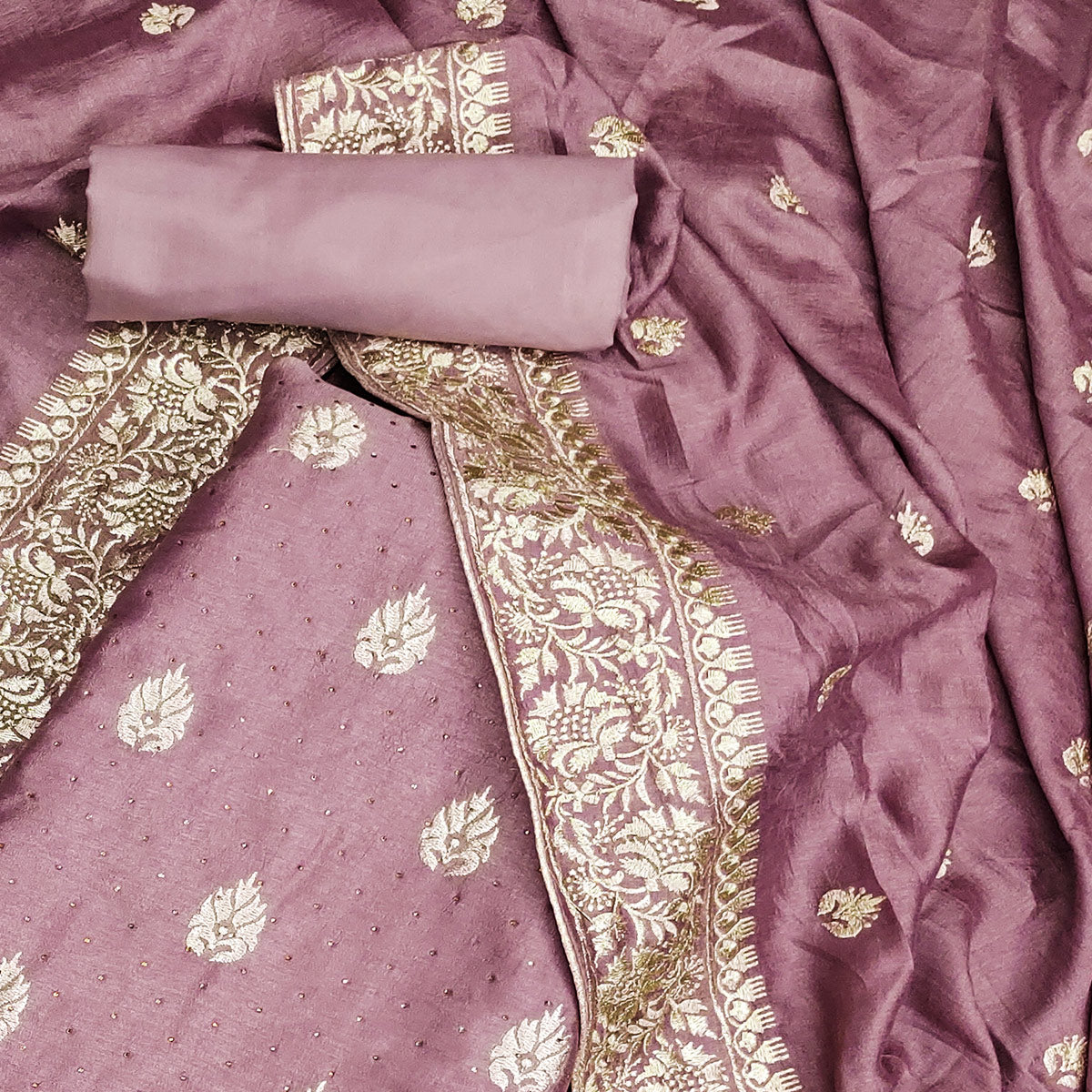 Mauve Floral Embroidered Chinon Dress Material