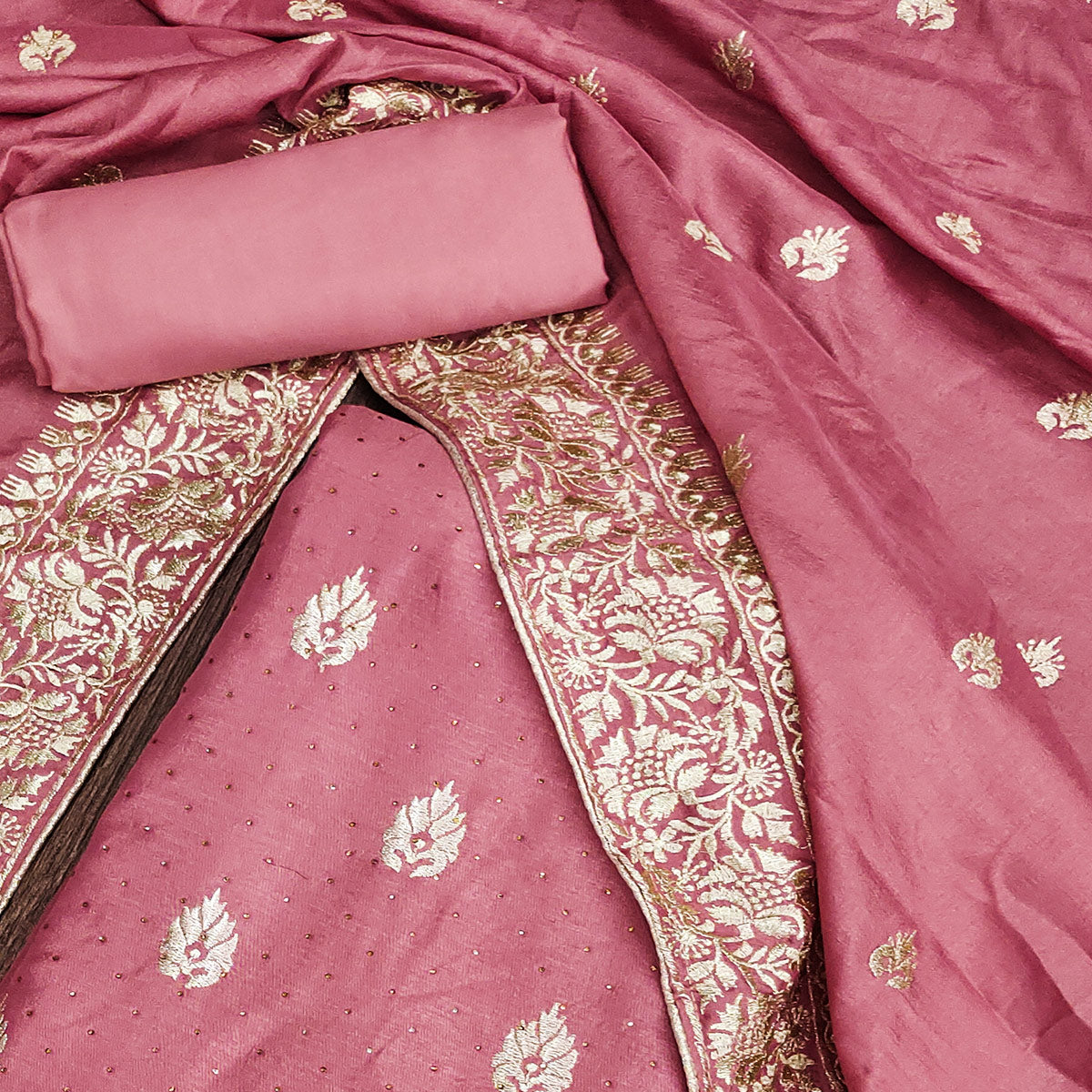 Pink Floral Embroidered Chinon Dress Material