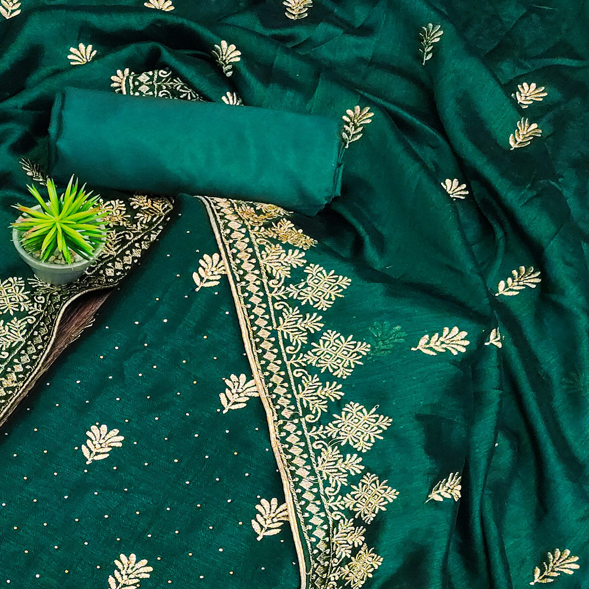 Green Floral Embroidered Chinon Dress Material