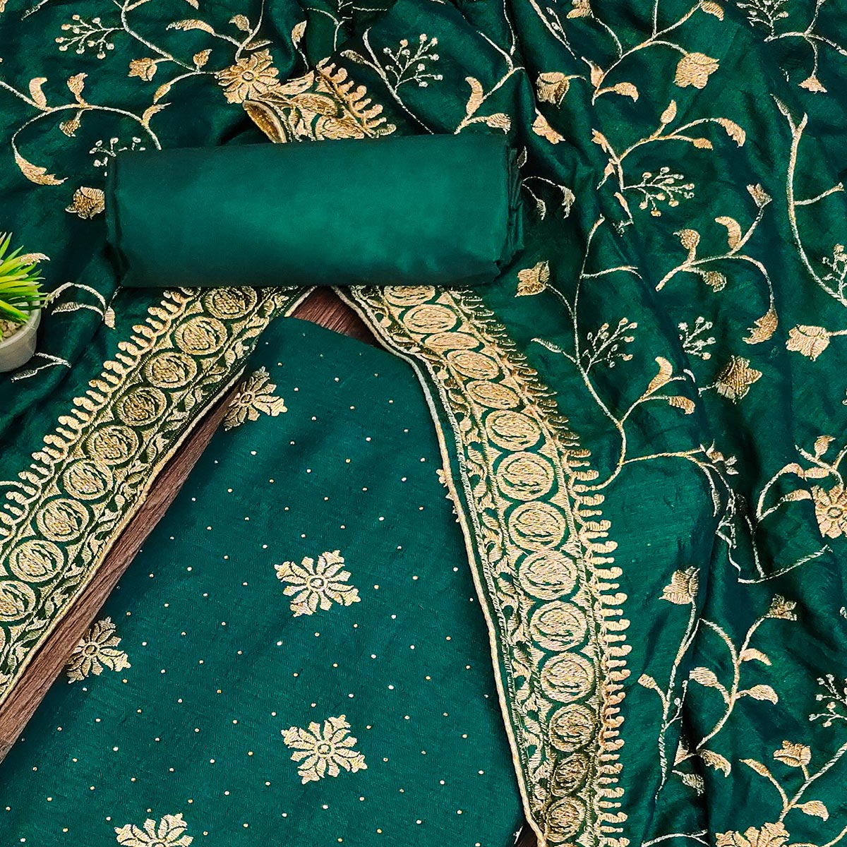 Green Floral Embroidered Chinon Dress Material