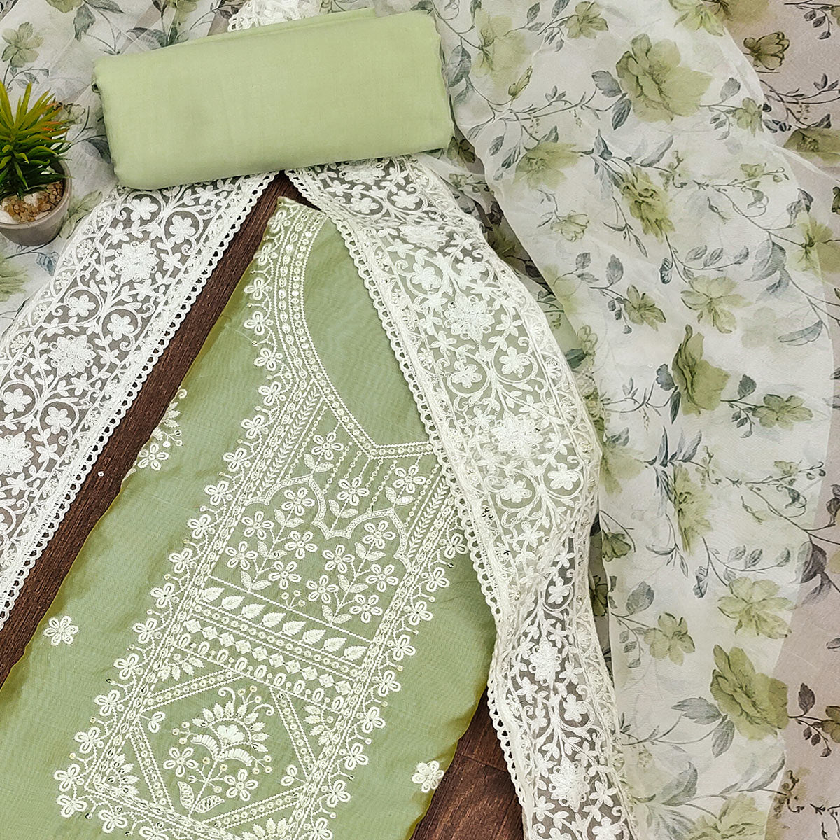 Green Floral Embroidered Chanderi Dress Material