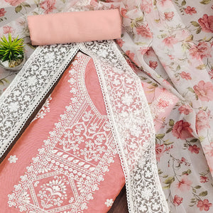 Peach Floral Embroidered Chanderi Dress Material