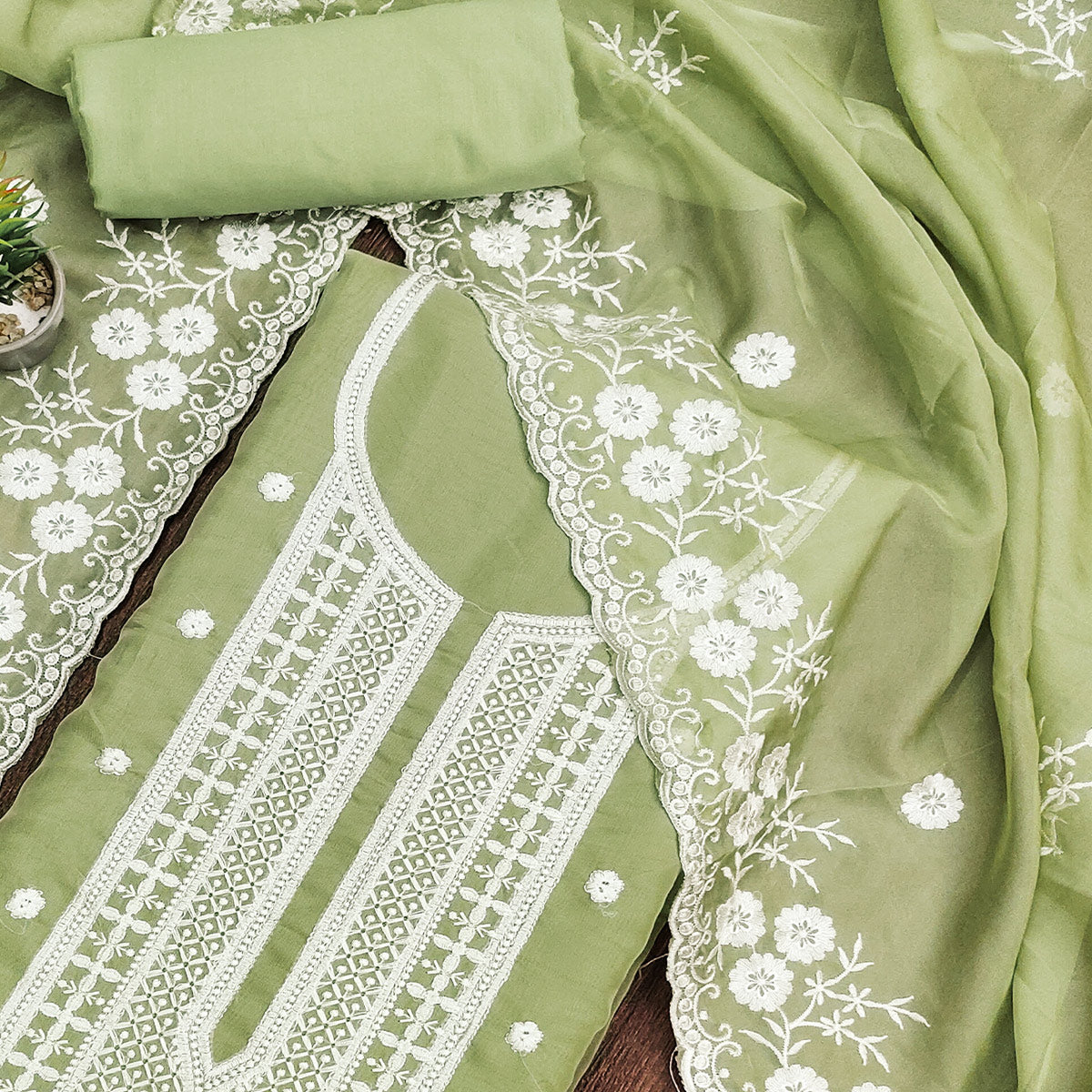 Green Floral Embroidered Chanderi Dress Material