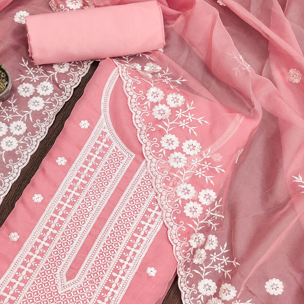 Peach Floral Embroidered Chanderi Dress Material