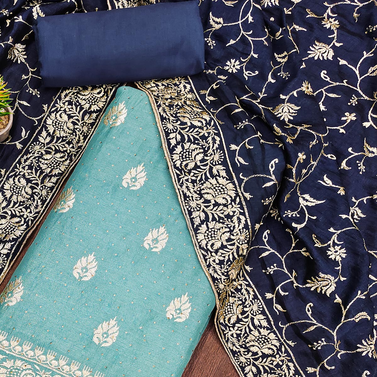 Blue Floral Embroidered Chinon Dress Material