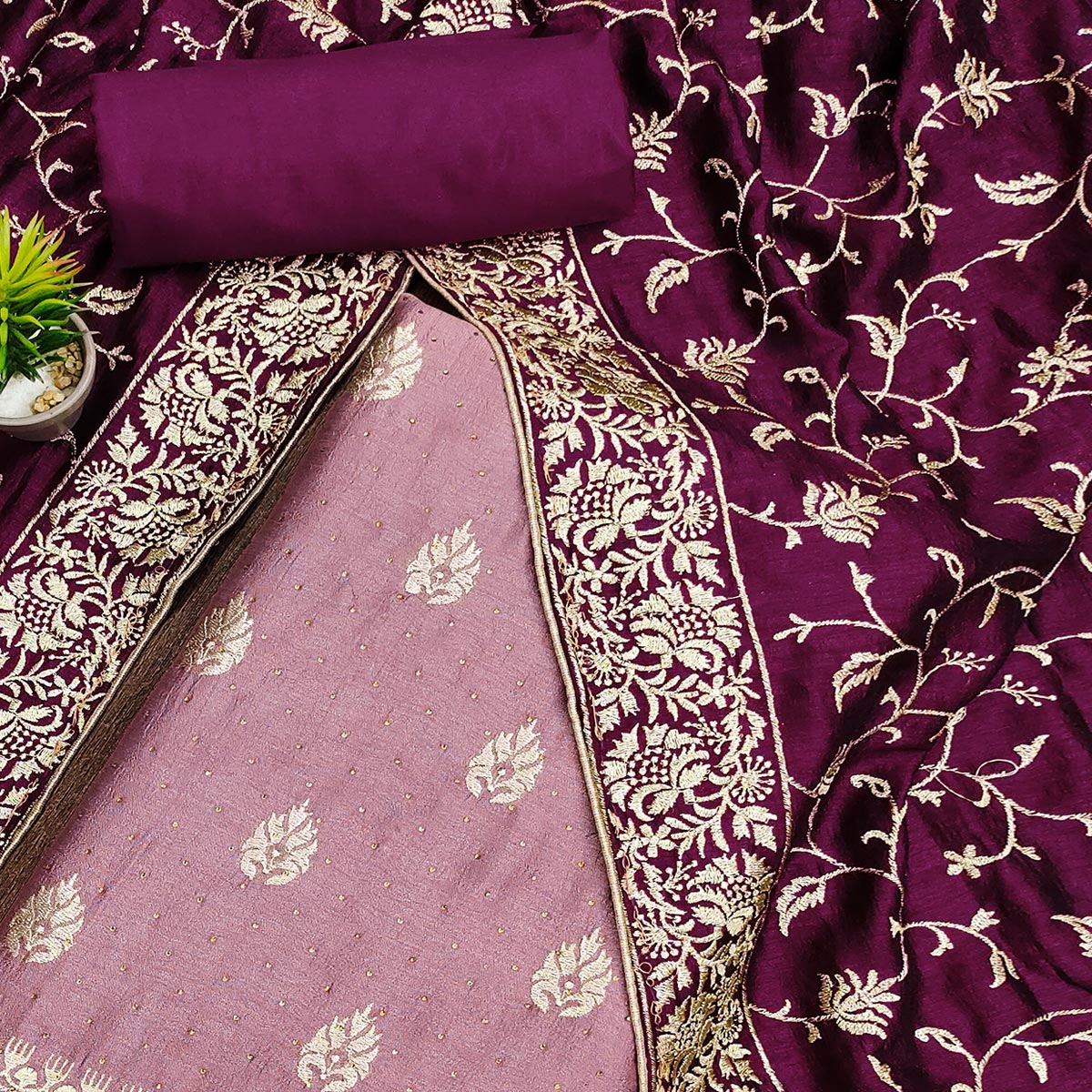 Mauve Floral Embroidered Chinon Dress Material