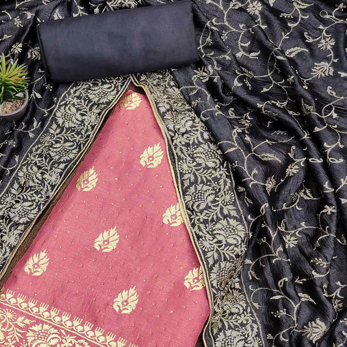 Pink Floral Embroidered Chinon Dress Material