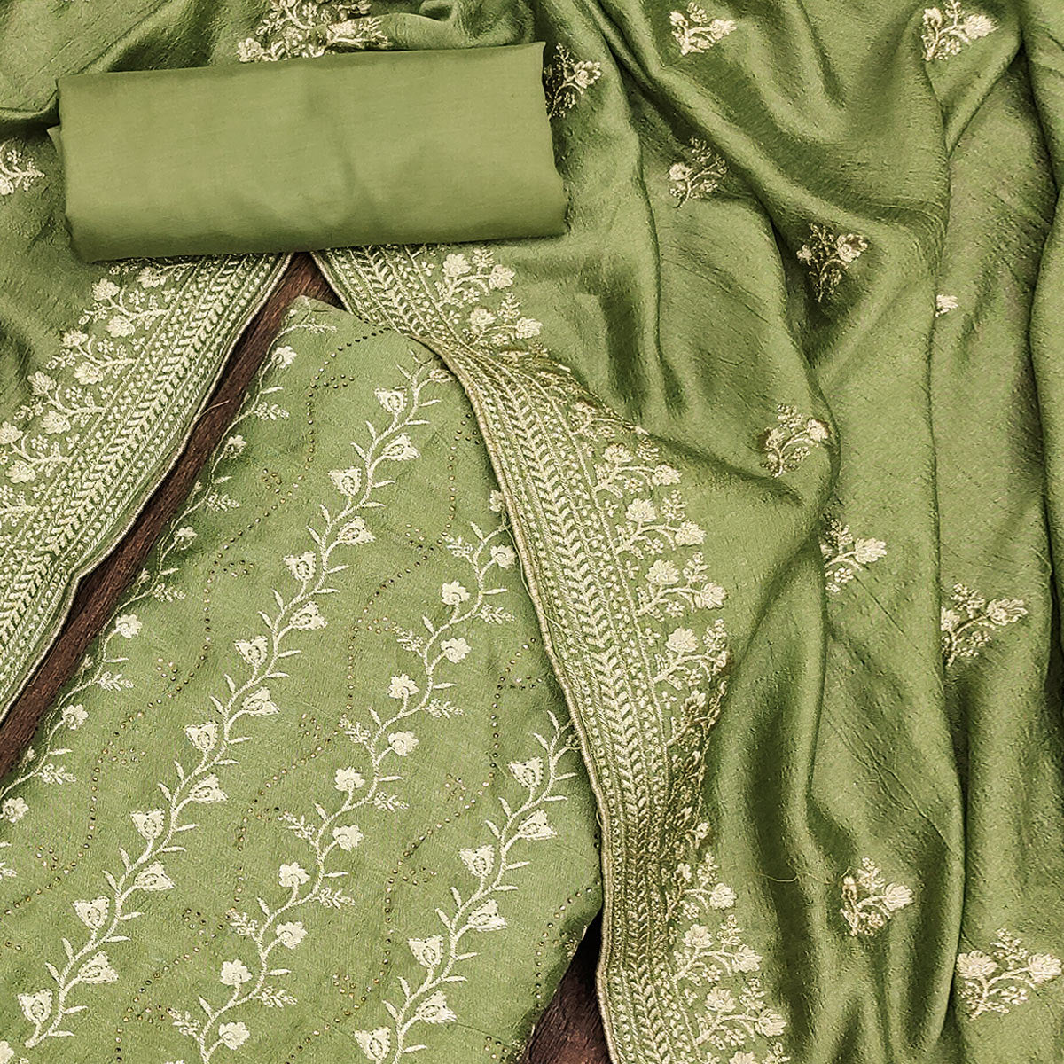 Green Floral Embroidered Chinon Dress Material