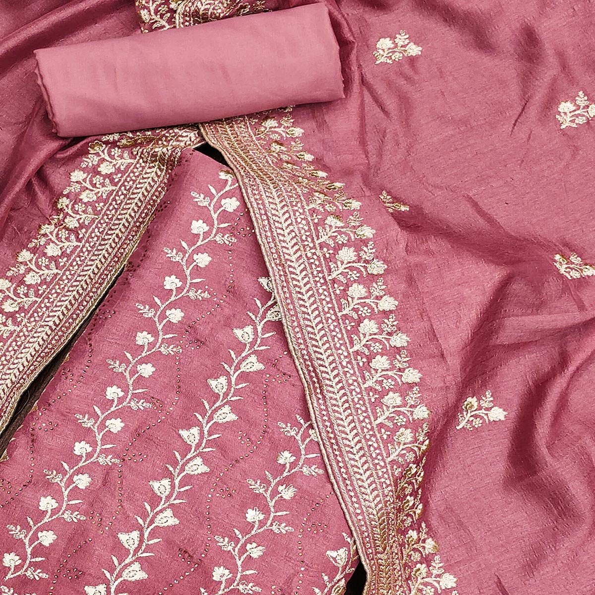 Pink Floral Embroidered Chinon Dress Material