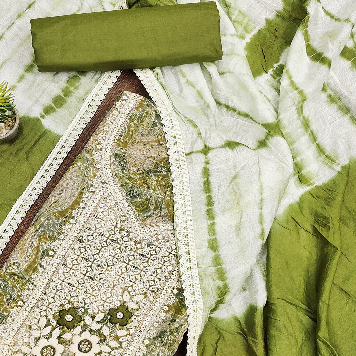 Green Floral Embroidered Pure Cotton Dress Material