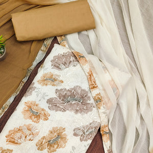 Off White & Beige Printed With Embroidered Pure Cotton Dress Material