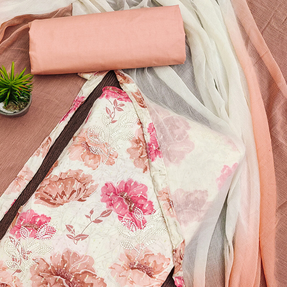 Off White & Peach Printed With Embroidered Pure Cotton Dress Material