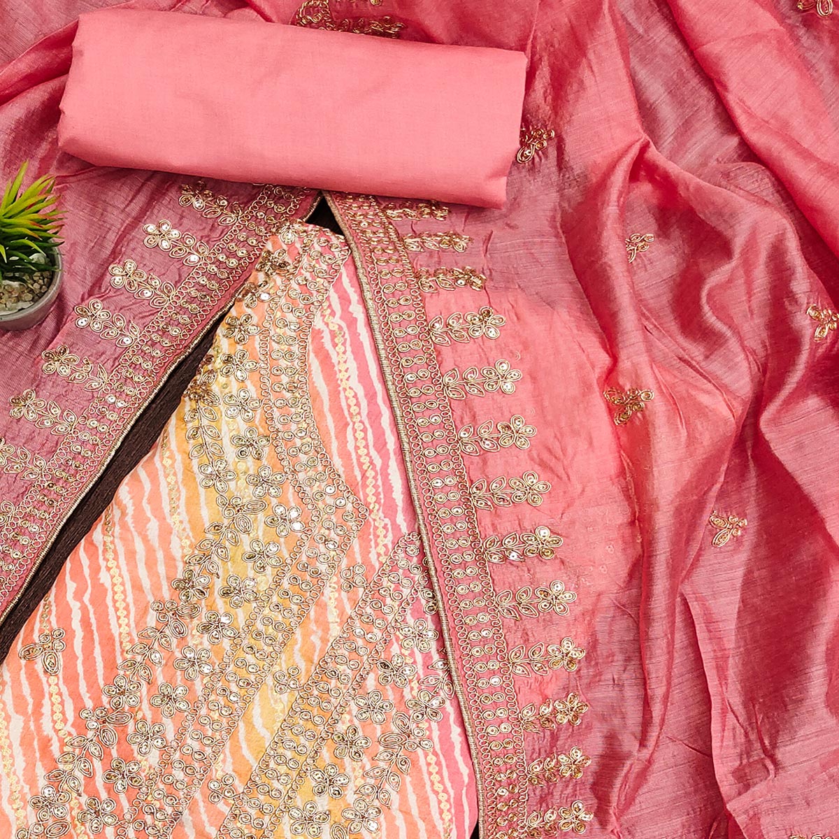 Peach Printed With Sequins Pure Cotton Dress Material
