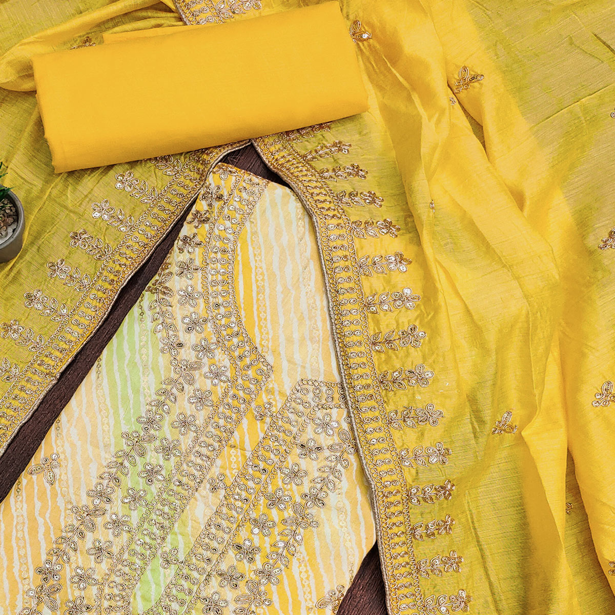 Yellow Printed With Sequins Pure Cotton Dress Material