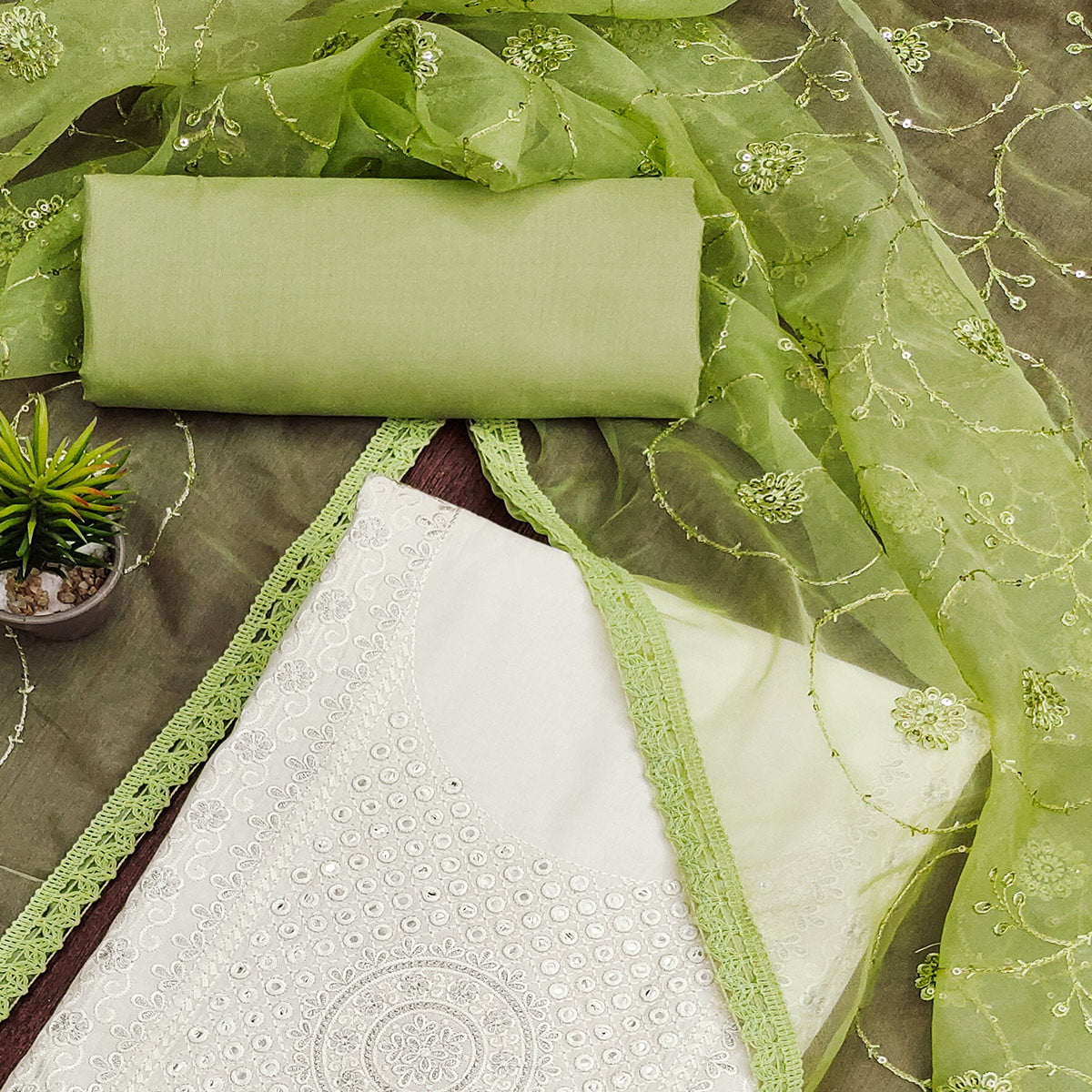 Off White & Green Floral Embroidered Muslin Dress Material