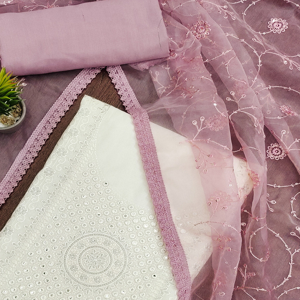 Off White & Mauve Floral Embroidered Muslin Dress Material