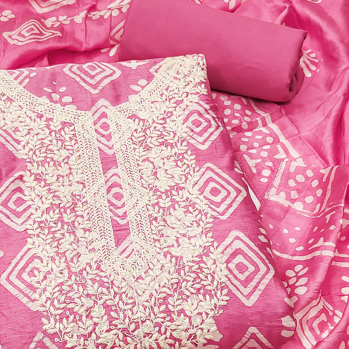 Pink Batik Printed With Embroidered Pure Cotton Dress Material