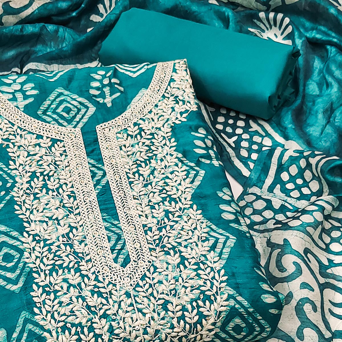 Teal Batik Printed With Embroidered Pure Cotton Dress Material