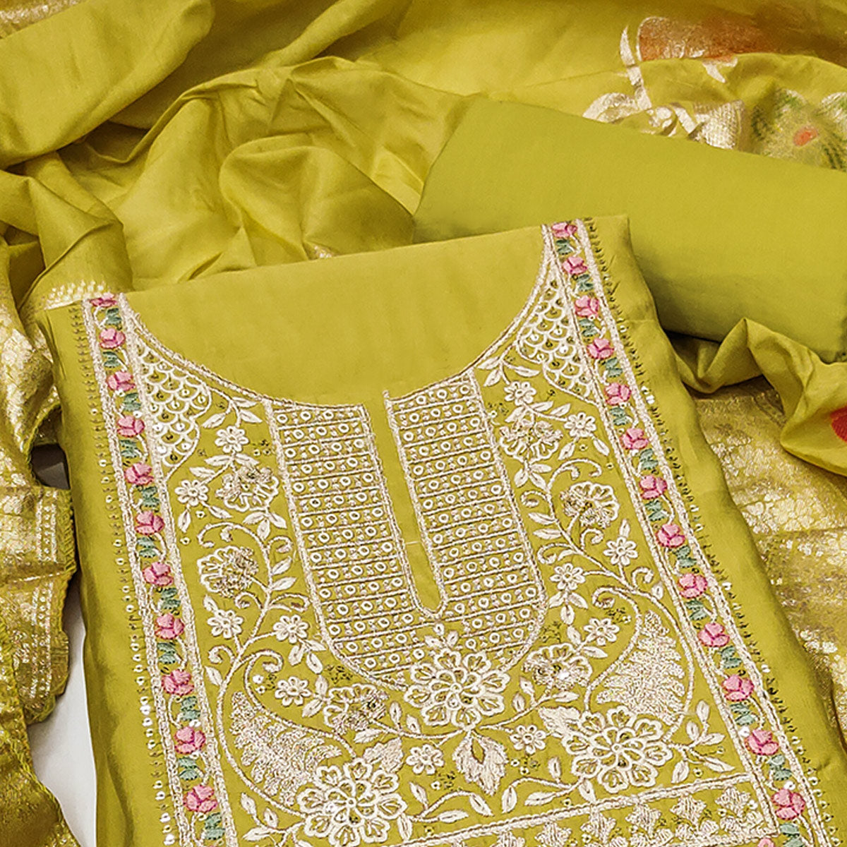 Green Floral Sequins Embroidered Roman Cotton Silk Dress Material