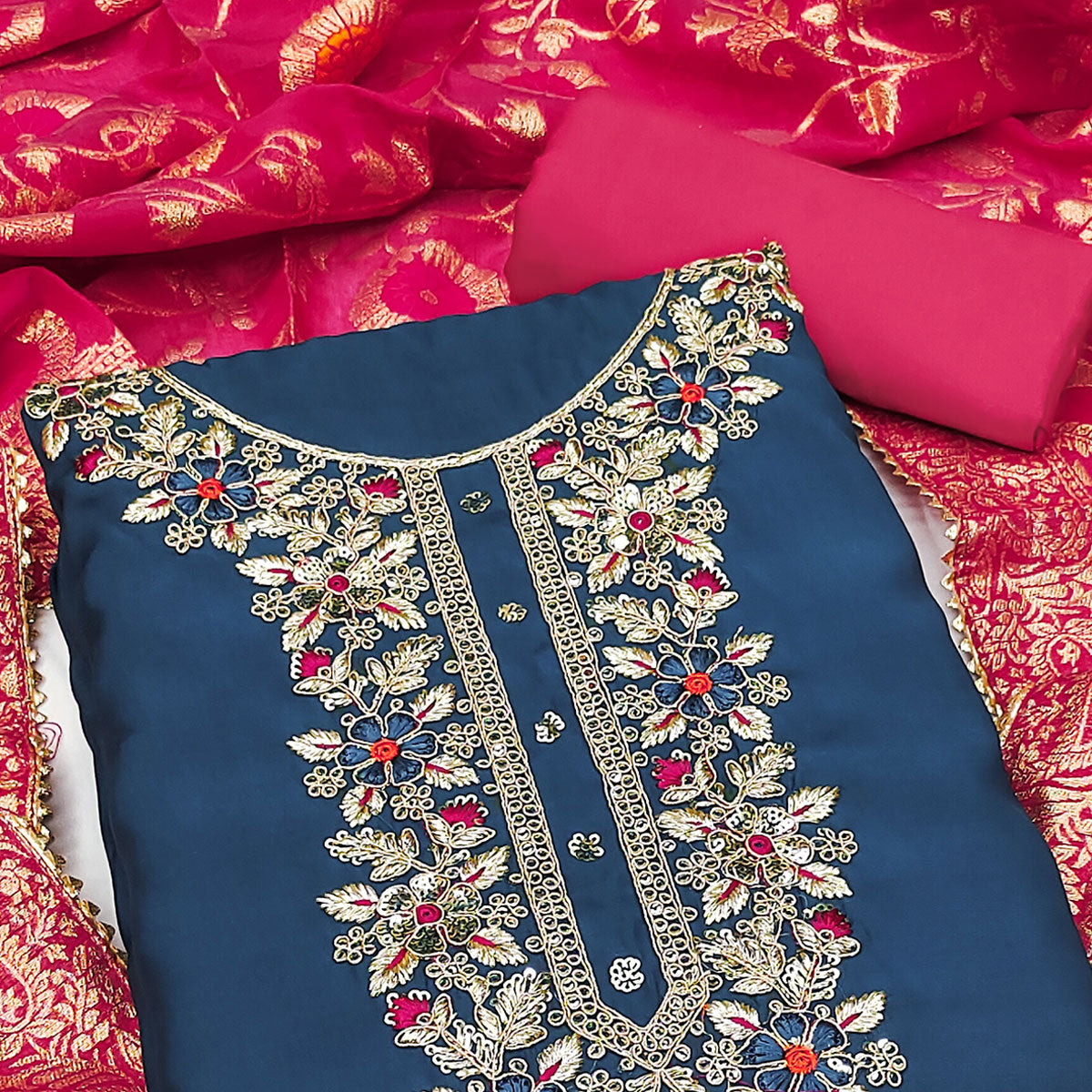 Blue Floral Sequins Embroidered Cotton Roman Silk Dress Material