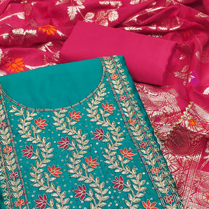 Rama Blue Floral Sequins Embroidered Cotton Roman Silk Dress Material