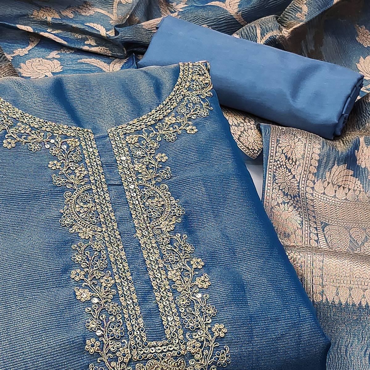 Blue Woven With Embroidered Banarasi Silk Shimmer Crush Dress Material