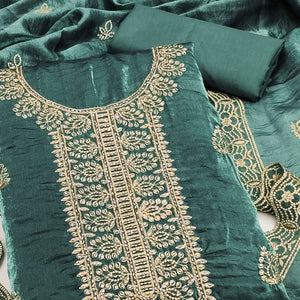 Teal Satin Dress Material Adorned With Elegant Floral Zari Embroidery & Intricate Handwork