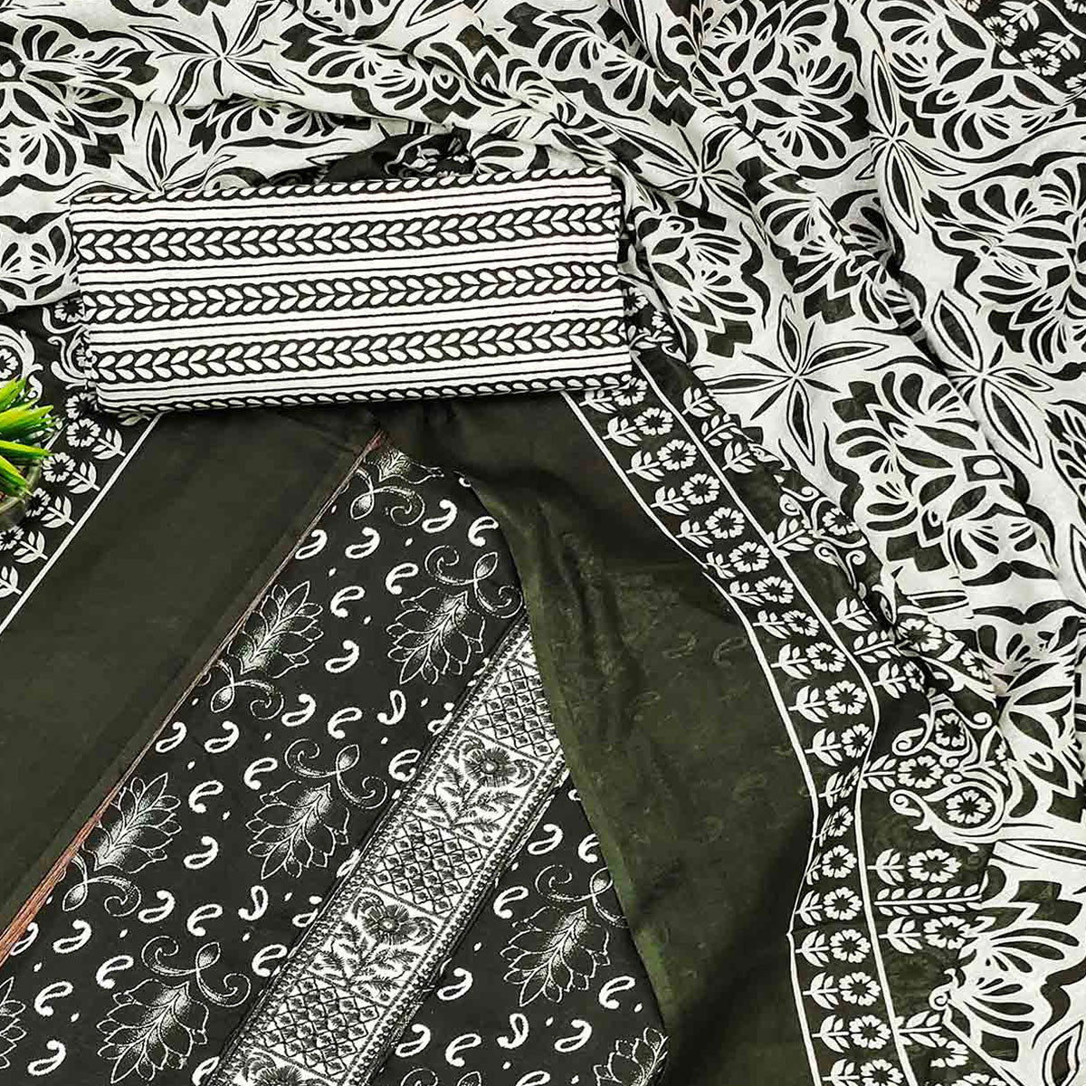 Green Foil Printed Pure Cotton Dress Material