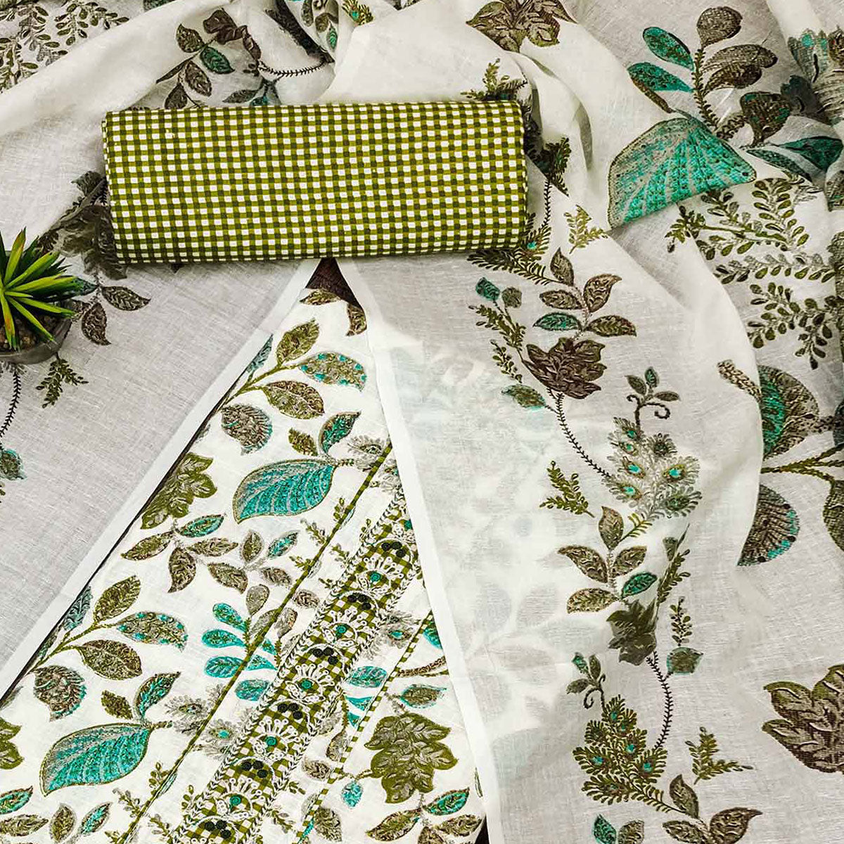White & Green Floral Foil Printed Pure Cotton Dress Material