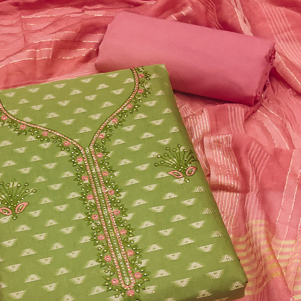 Green Woven Cotton Blend Unstitched Dress Material