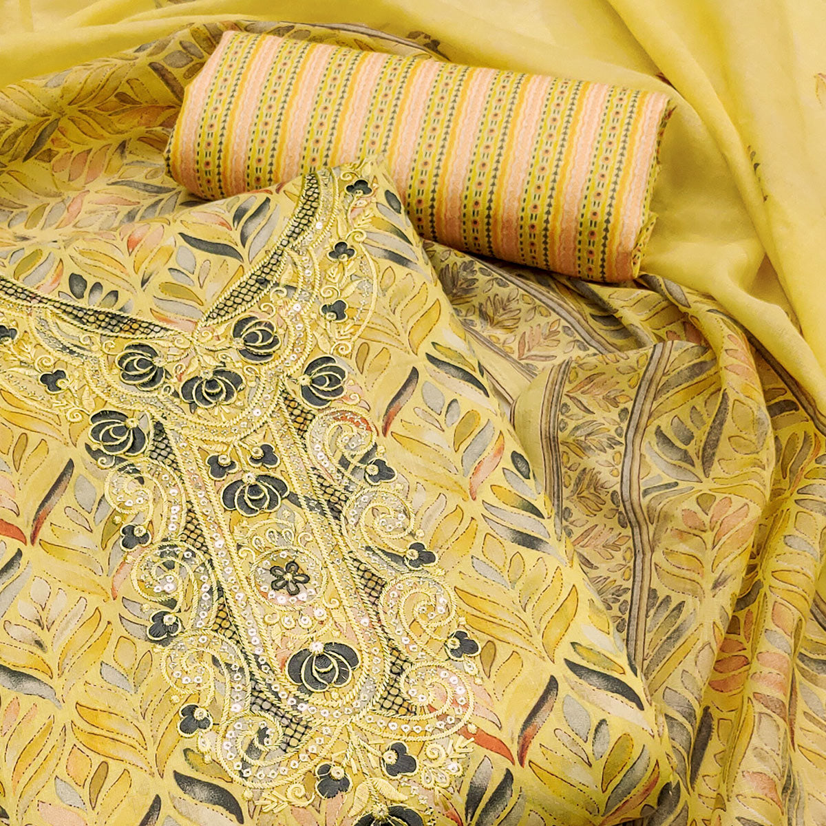 Yellow Printed With Embroidery Pure Cotton Dress Material