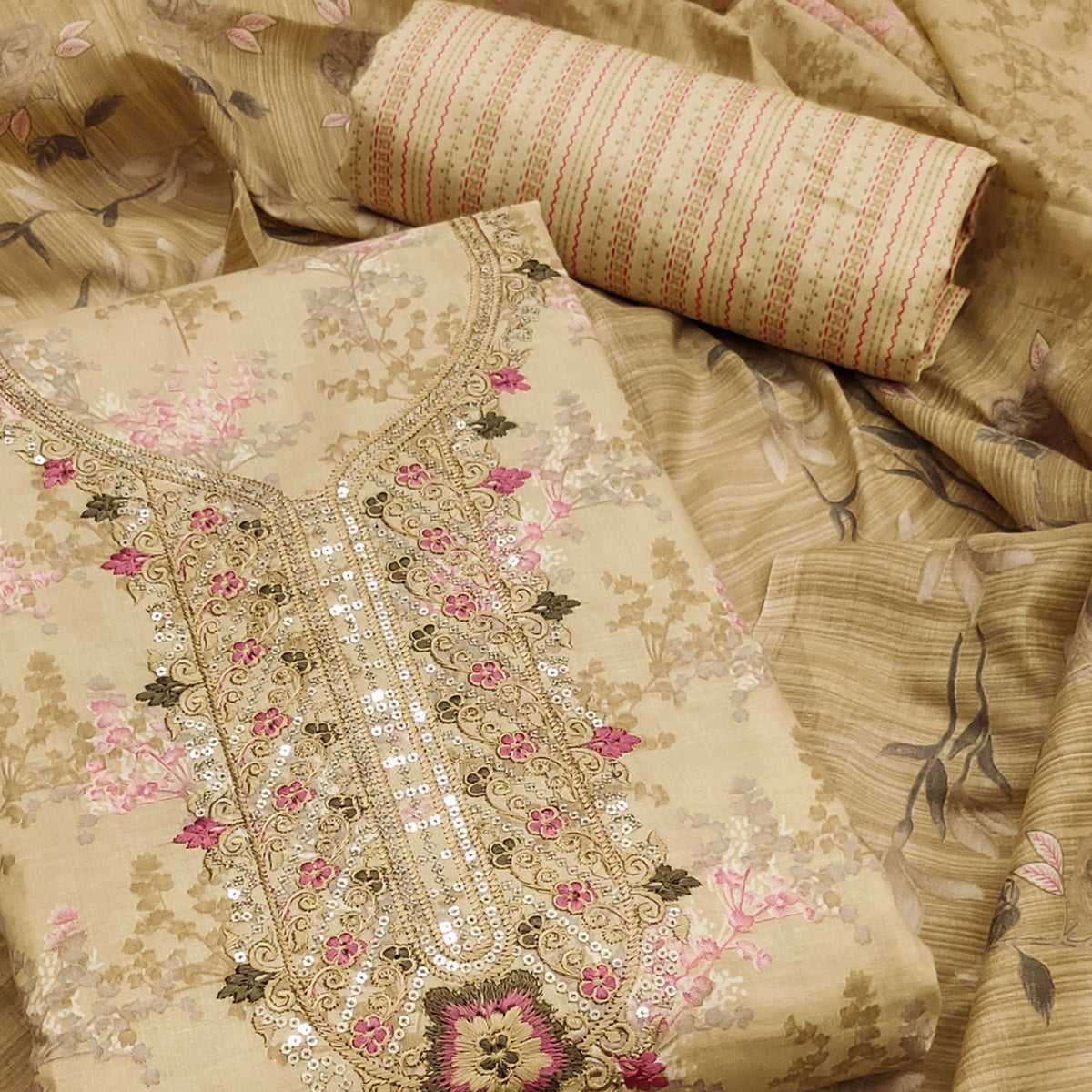 Cream Floral Printed With Embroidery Pure Cotton Dress Material