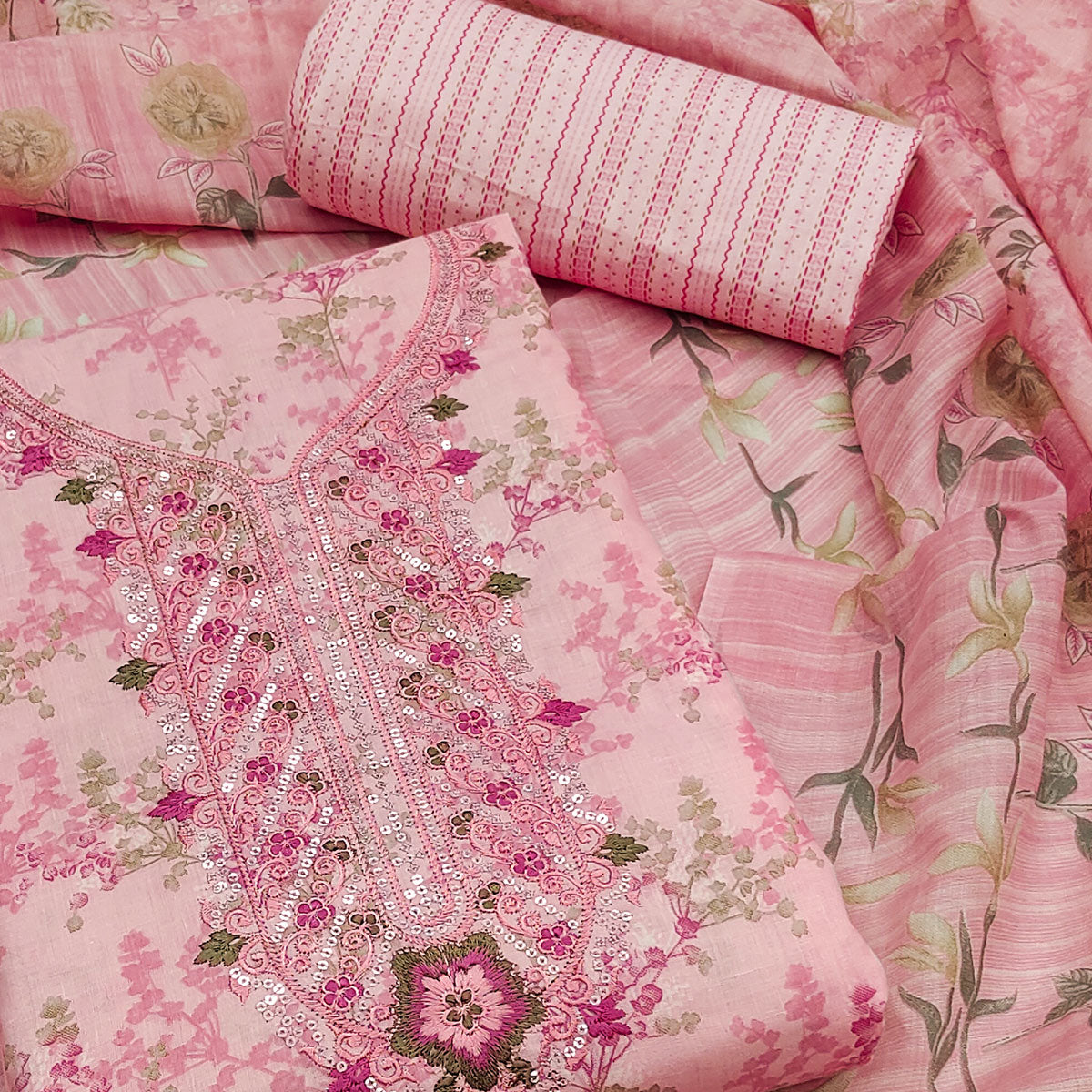 Pink Floral Printed With Embroidery Pure Cotton Dress Material