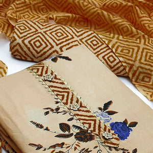 Beige Floral Printed Cotton Blend Dress Material