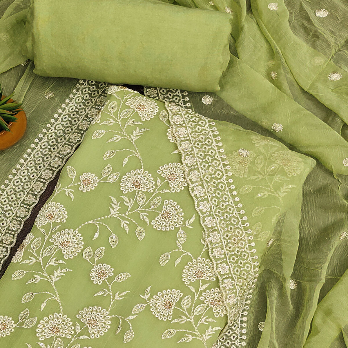Green Floral Embroidered Chiffon Dress Material