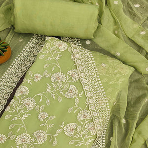 Green Floral Embroidered Chiffon Dress Material