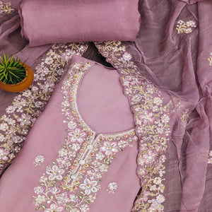 Purple Floral Sequins Embroidered Organza Dress Material