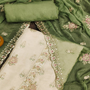 Beige & Green Floral Sequins Embroidered Organza Dress Material