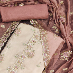 Beige & Peach Floral Sequins Embroidered Organza Dress Material