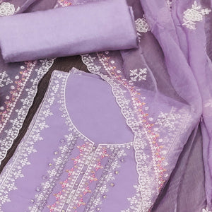 Purple Floral Embroidered Organza Dress Material
