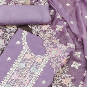 Purple Floral Embroidered Organza Dress Material