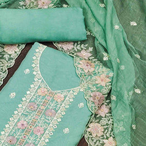 Turquoise Floral Embroidered Organza Dress Material