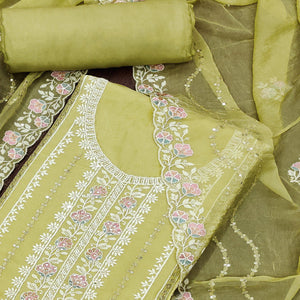 Green Floral Sequins Embroidered Organza Dress Material