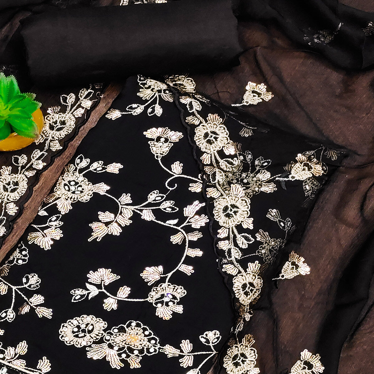 Black Floral Sequins Embroidered Organza Dress Material