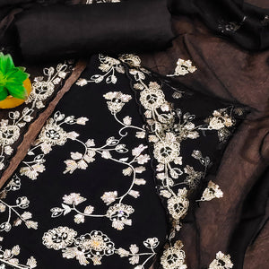 Black Floral Sequins Embroidered Organza Dress Material