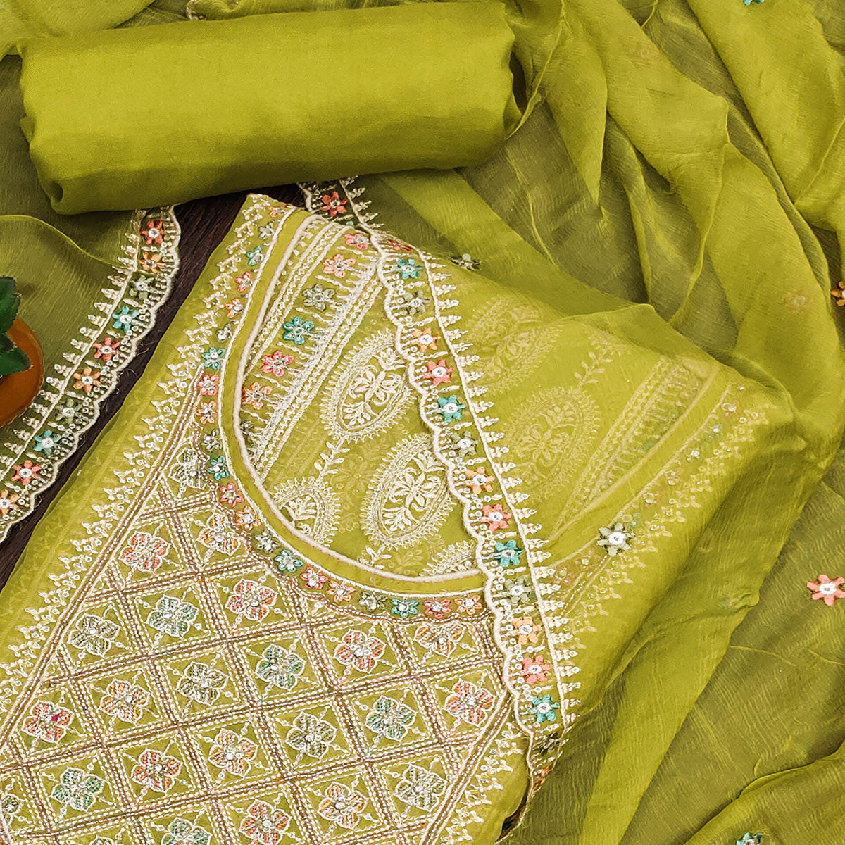 Green Floral Embroidered Organza Dress Material