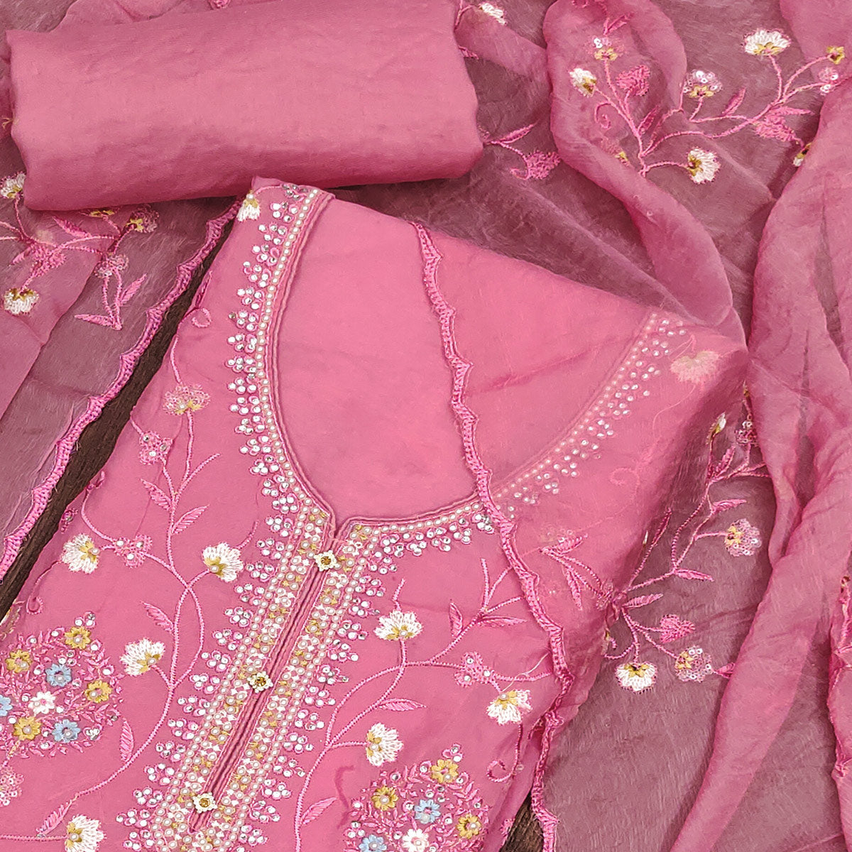 Pink Floral Embroidered Organza Dress Material